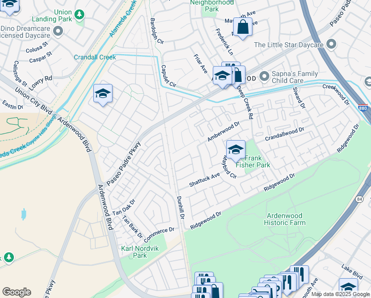 map of restaurants, bars, coffee shops, grocery stores, and more near 5340 Shamrock Common in Fremont