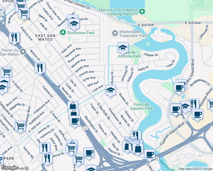 map of restaurants, bars, coffee shops, grocery stores, and more near 1580 Lodi Avenue in San Mateo