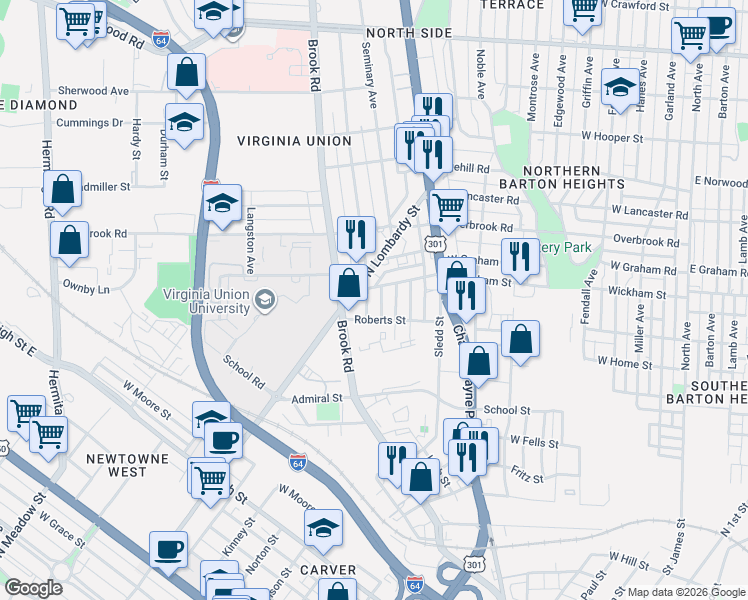 map of restaurants, bars, coffee shops, grocery stores, and more near 2210 Northumberland Avenue in Richmond