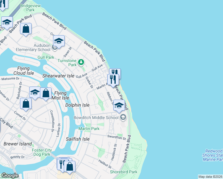 map of restaurants, bars, coffee shops, grocery stores, and more near 1473 Beach Park Boulevard in Foster City
