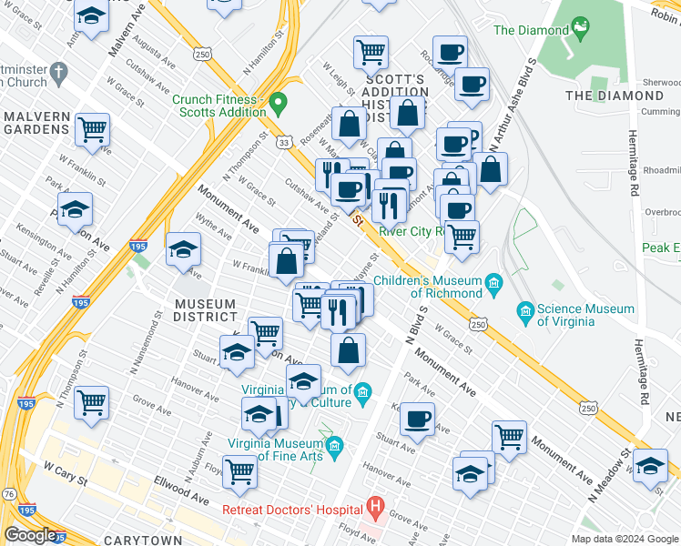 map of restaurants, bars, coffee shops, grocery stores, and more near 905 North Belmont Avenue in Richmond