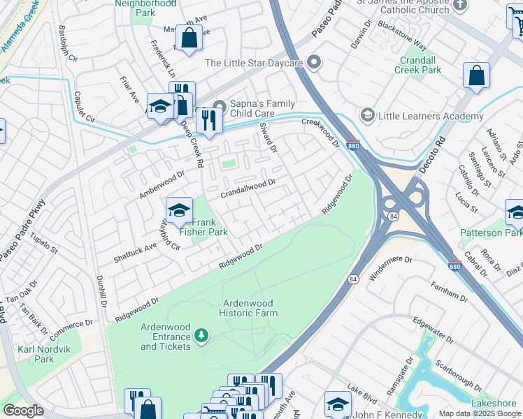 map of restaurants, bars, coffee shops, grocery stores, and more near 34565 Pueblo Terrace in Fremont
