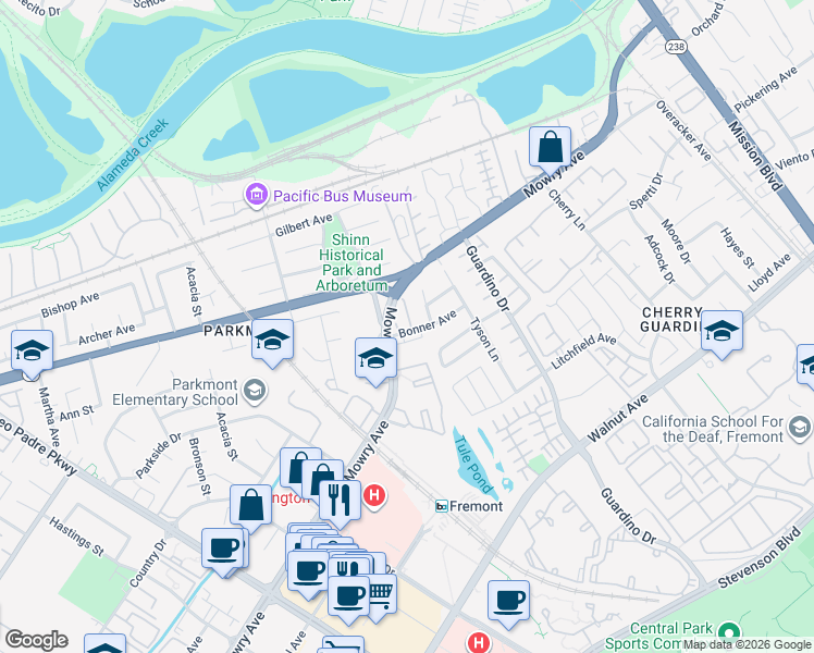 map of restaurants, bars, coffee shops, grocery stores, and more near 38495 Berkeley Common in Fremont
