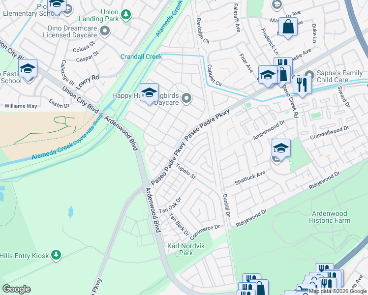 map of restaurants, bars, coffee shops, grocery stores, and more near 34077 Gannon Terrace in Fremont
