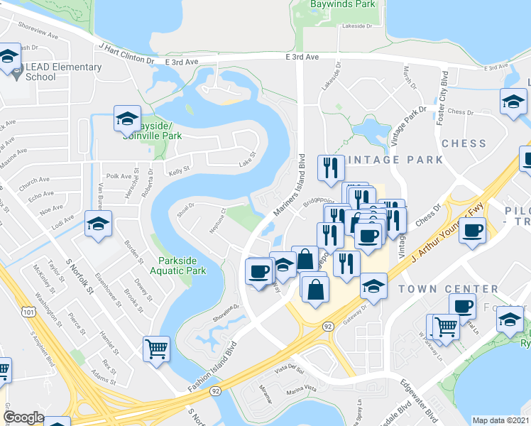 map of restaurants, bars, coffee shops, grocery stores, and more near 735 Fathom Drive in San Mateo