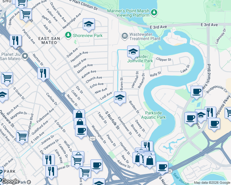 map of restaurants, bars, coffee shops, grocery stores, and more near 1580 Lodi Avenue in San Mateo