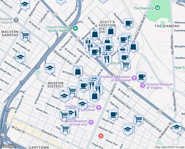map of restaurants, bars, coffee shops, grocery stores, and more near 3100 Monument Avenue in Richmond