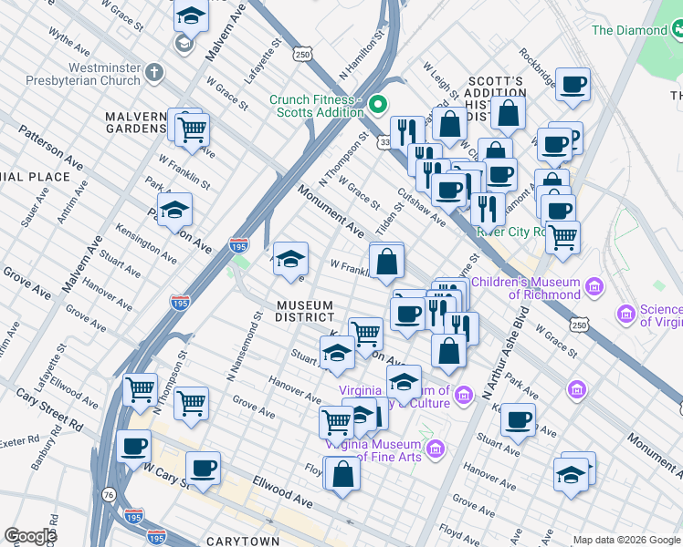 map of restaurants, bars, coffee shops, grocery stores, and more near 3321 West Franklin Street in Richmond