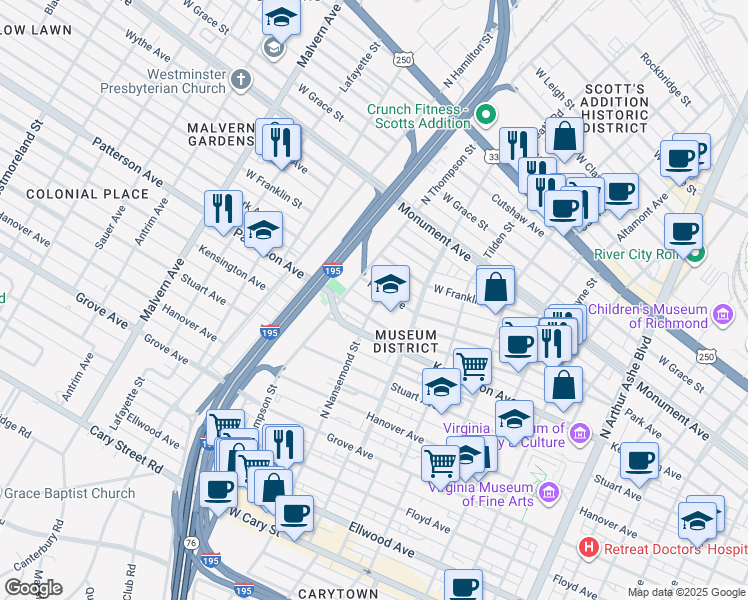 map of restaurants, bars, coffee shops, grocery stores, and more near 606 North Nansemond Street in Richmond