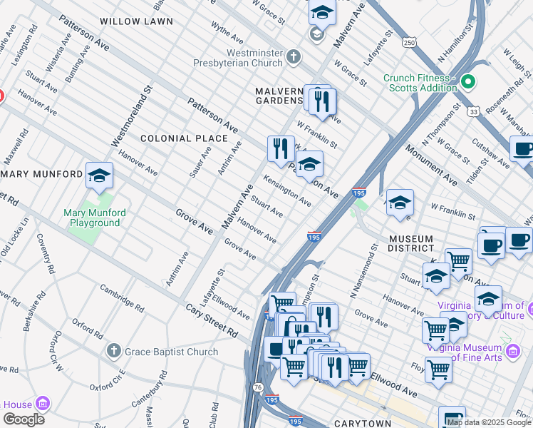 map of restaurants, bars, coffee shops, grocery stores, and more near 3919 Stuart Avenue in Richmond