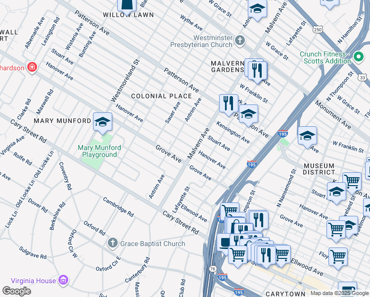 map of restaurants, bars, coffee shops, grocery stores, and more near 4107 Hanover Avenue in Richmond
