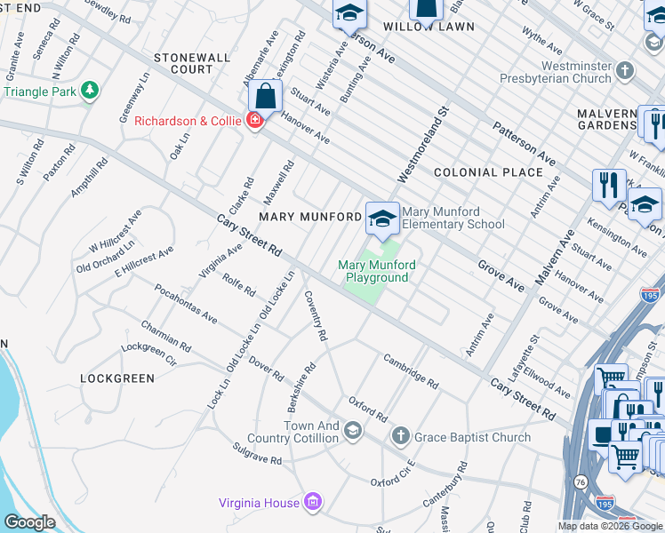 map of restaurants, bars, coffee shops, grocery stores, and more near 9 Willway Avenue in Richmond