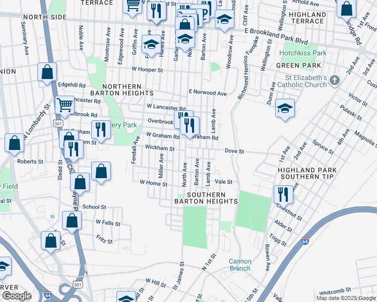 map of restaurants, bars, coffee shops, grocery stores, and more near 2209 North Avenue in Richmond