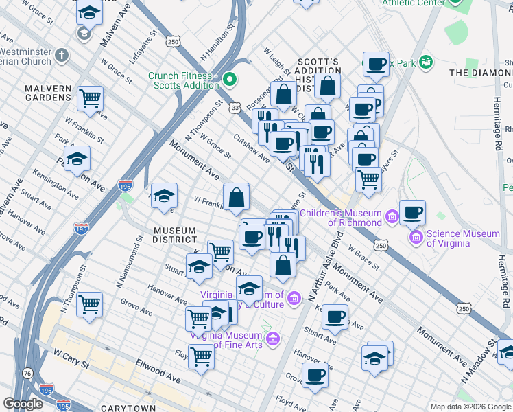 map of restaurants, bars, coffee shops, grocery stores, and more near 3136 West Franklin Street in Richmond