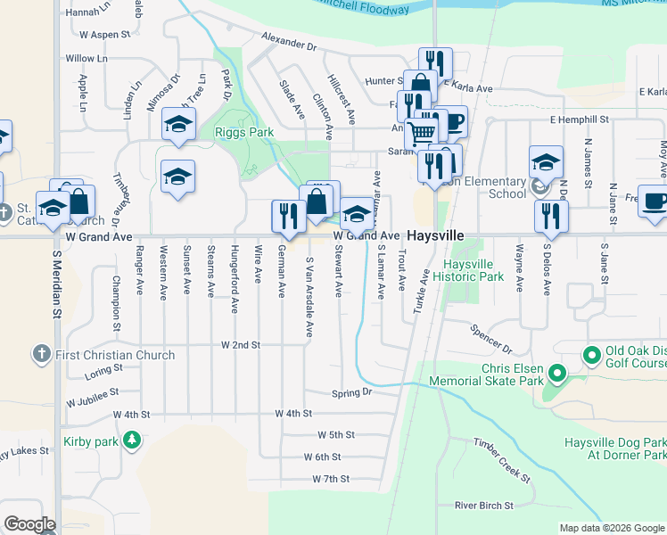 map of restaurants, bars, coffee shops, grocery stores, and more near 145 Stewart Avenue in Haysville