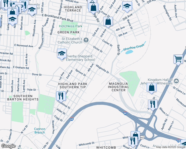 map of restaurants, bars, coffee shops, grocery stores, and more near 2412 5th Avenue in Richmond