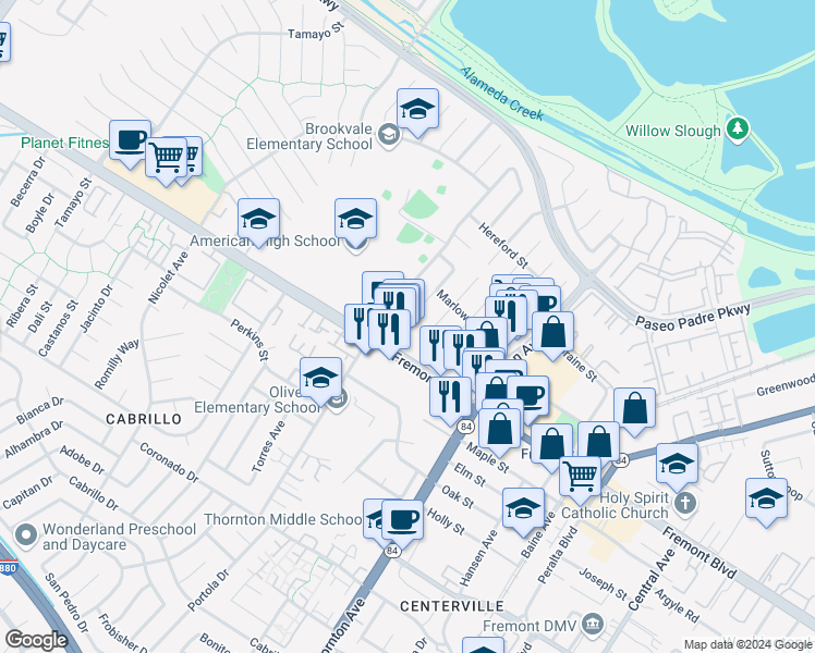 map of restaurants, bars, coffee shops, grocery stores, and more near 36555 Nettles Court in Fremont