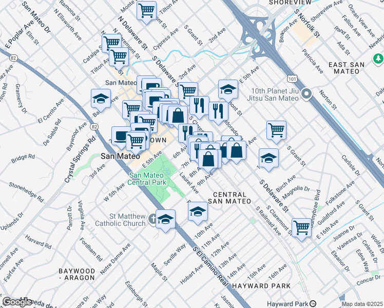 map of restaurants, bars, coffee shops, grocery stores, and more near 308 7th Avenue in San Mateo
