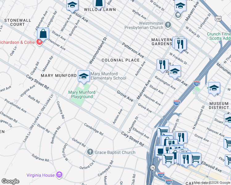 map of restaurants, bars, coffee shops, grocery stores, and more near 4218 Kingcrest Parkway in Richmond
