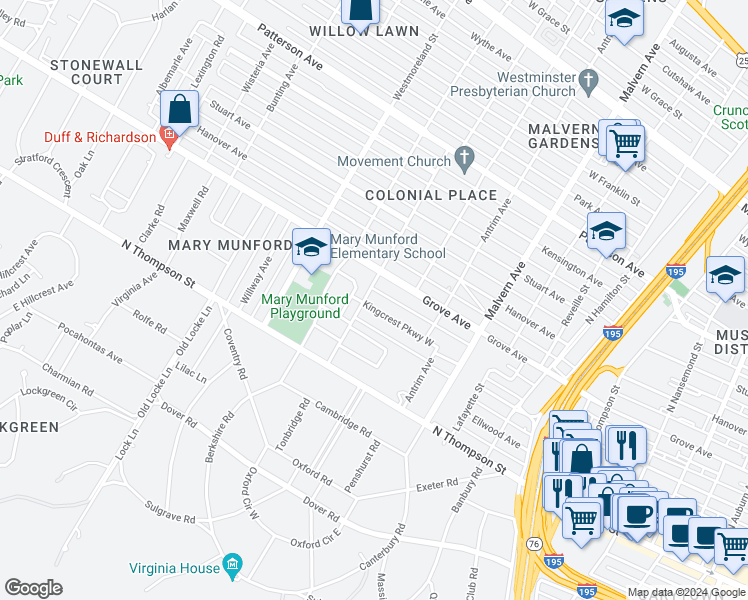 map of restaurants, bars, coffee shops, grocery stores, and more near 4228 Kingcrest Parkway in Richmond