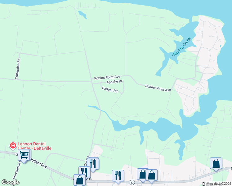 map of restaurants, bars, coffee shops, grocery stores, and more near 148 Badger Road in Deltaville