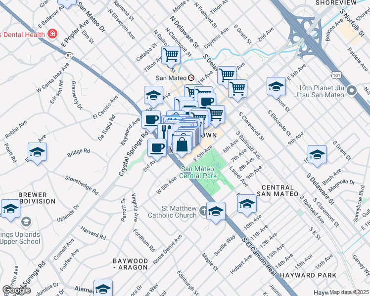 map of restaurants, bars, coffee shops, grocery stores, and more near in San Mateo