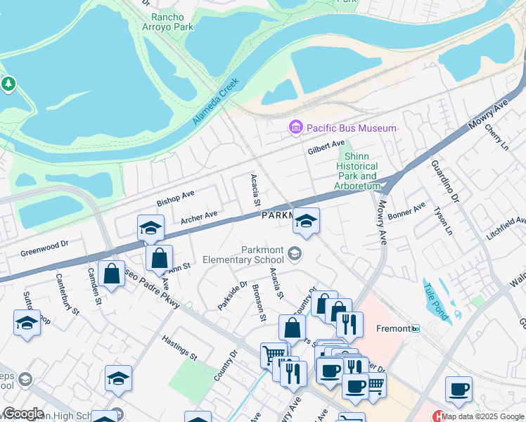 map of restaurants, bars, coffee shops, grocery stores, and more near 1819 California 84 in Fremont