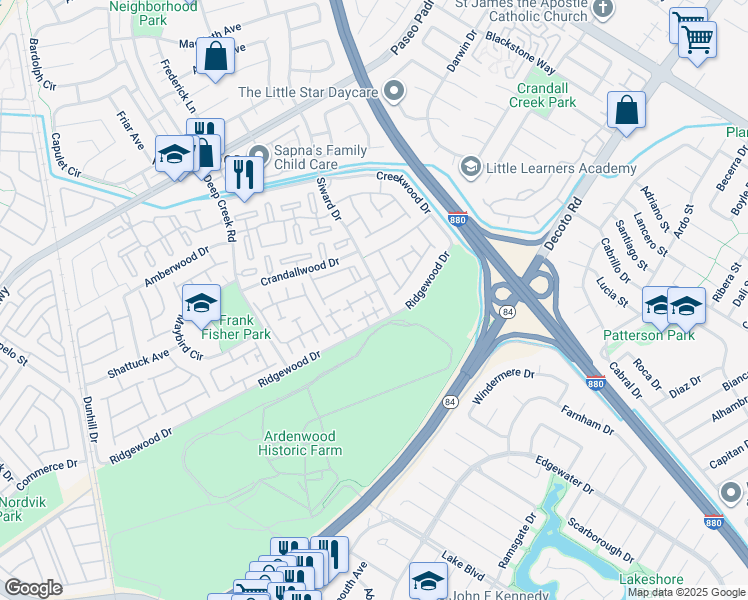 map of restaurants, bars, coffee shops, grocery stores, and more near 34796 Dorado Common in Fremont