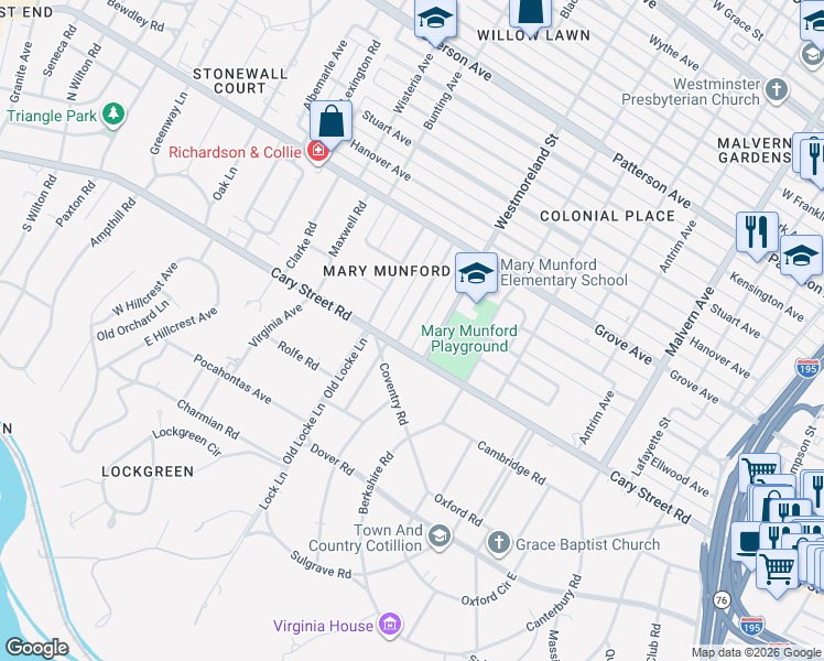 map of restaurants, bars, coffee shops, grocery stores, and more near 9 Willway Avenue in Richmond