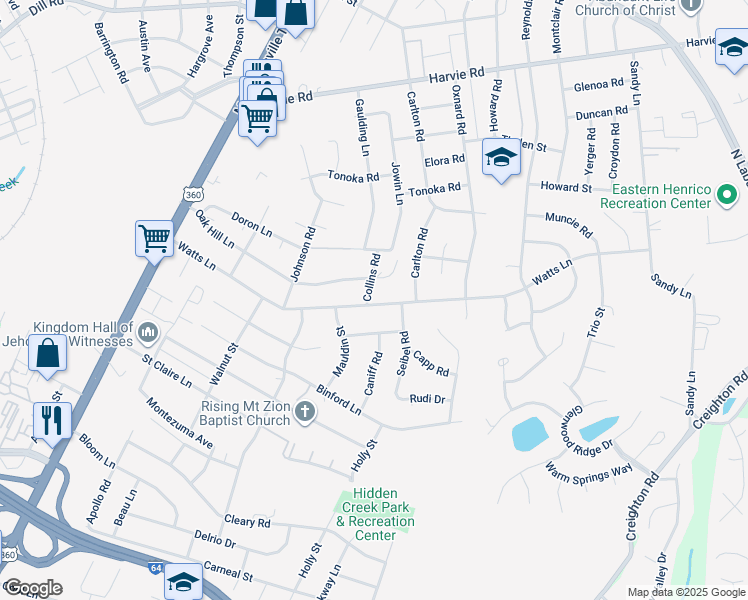 map of restaurants, bars, coffee shops, grocery stores, and more near 2000 Watts Lane in Richmond