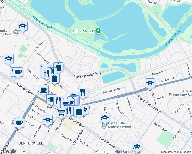 map of restaurants, bars, coffee shops, grocery stores, and more near 3135 Medina Common in Fremont