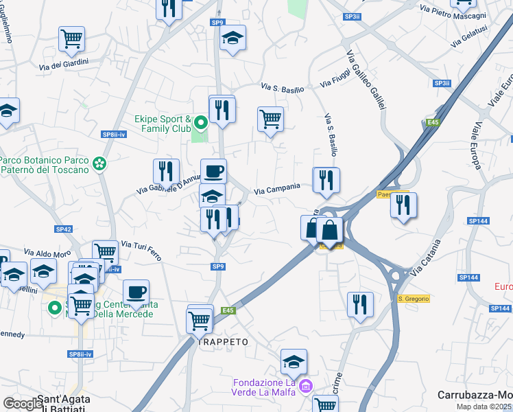 map of restaurants, bars, coffee shops, grocery stores, and more near 2 Via Pablo Picasso in San Giovanni La Punta
