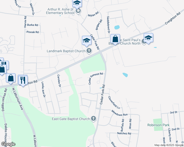 map of restaurants, bars, coffee shops, grocery stores, and more near 4936 Cedar Summit Road in Richmond