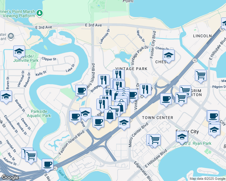 map of restaurants, bars, coffee shops, grocery stores, and more near 195 Bridgepointe Circle in San Mateo