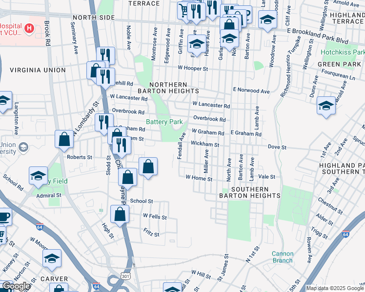 map of restaurants, bars, coffee shops, grocery stores, and more near 2123 Fendall Avenue in Richmond