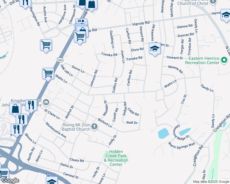 map of restaurants, bars, coffee shops, grocery stores, and more near 2000 Watts Lane in Richmond