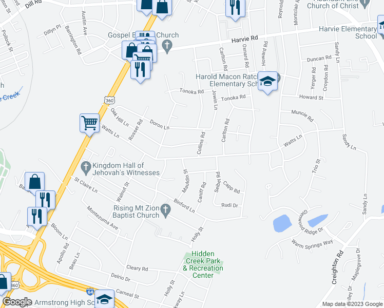 map of restaurants, bars, coffee shops, grocery stores, and more near 1922 Watts Lane in Richmond