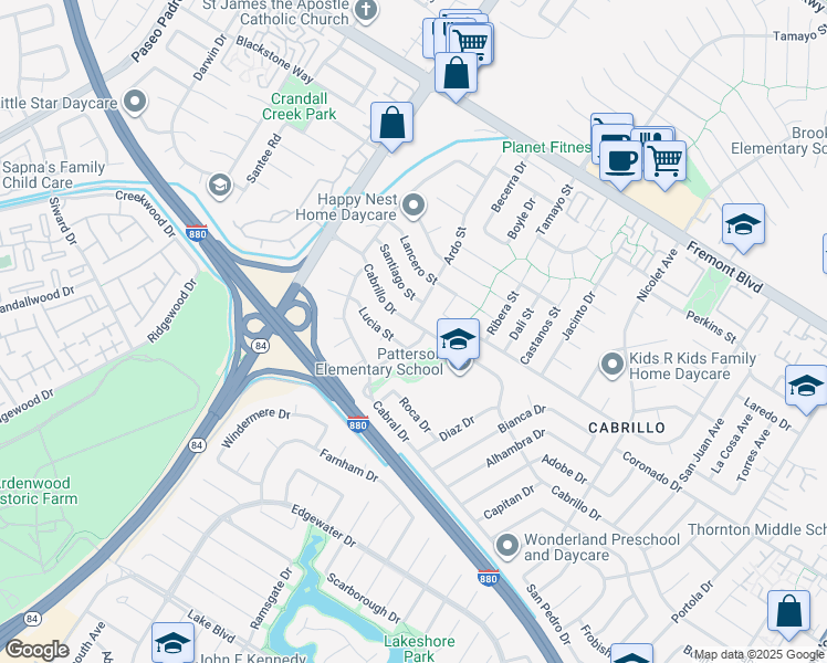 map of restaurants, bars, coffee shops, grocery stores, and more near 35377 Cabrillo Drive in Fremont