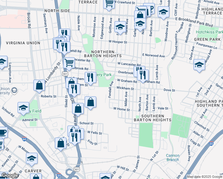 map of restaurants, bars, coffee shops, grocery stores, and more near 2123 Fendall Avenue in Richmond