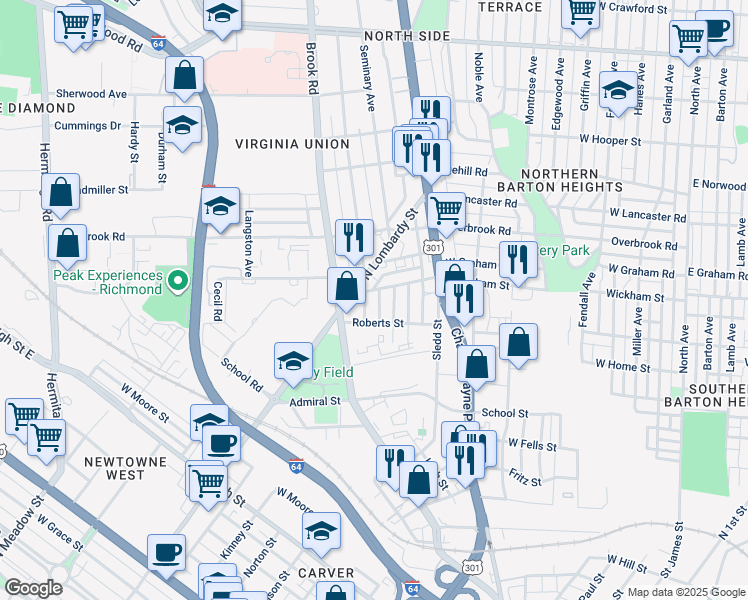 map of restaurants, bars, coffee shops, grocery stores, and more near 2214 Northumberland Avenue in Richmond