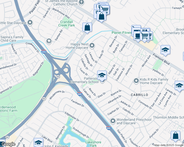 map of restaurants, bars, coffee shops, grocery stores, and more near 35377 Cabrillo Drive in Fremont