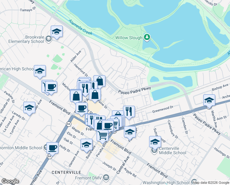 map of restaurants, bars, coffee shops, grocery stores, and more near 3485 Bridgewood Terrace in Fremont
