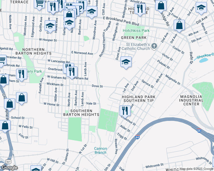 map of restaurants, bars, coffee shops, grocery stores, and more near 640 Dove Street in Richmond