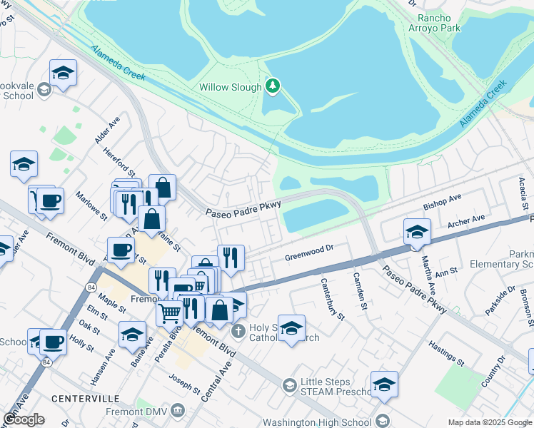 map of restaurants, bars, coffee shops, grocery stores, and more near 37312 Sequoia Road in Fremont