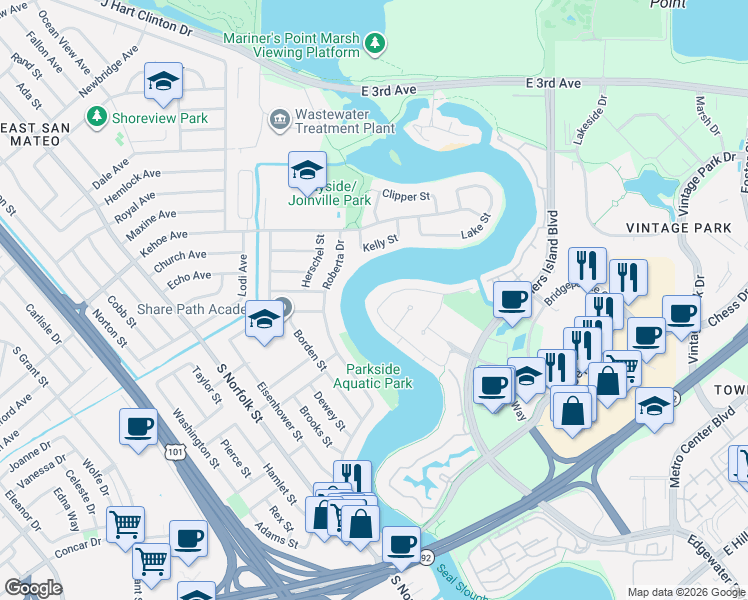 map of restaurants, bars, coffee shops, grocery stores, and more near 1225 Shoal Drive in San Mateo