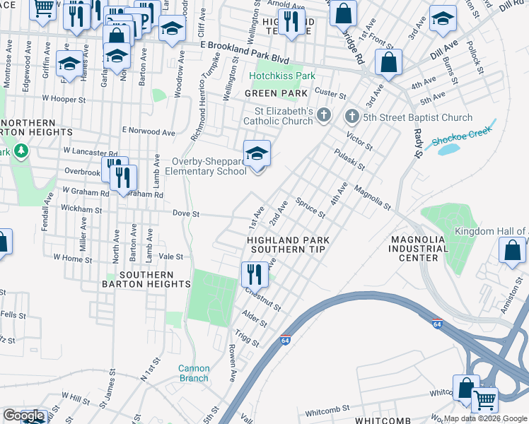 map of restaurants, bars, coffee shops, grocery stores, and more near 2208 2nd Avenue in Richmond