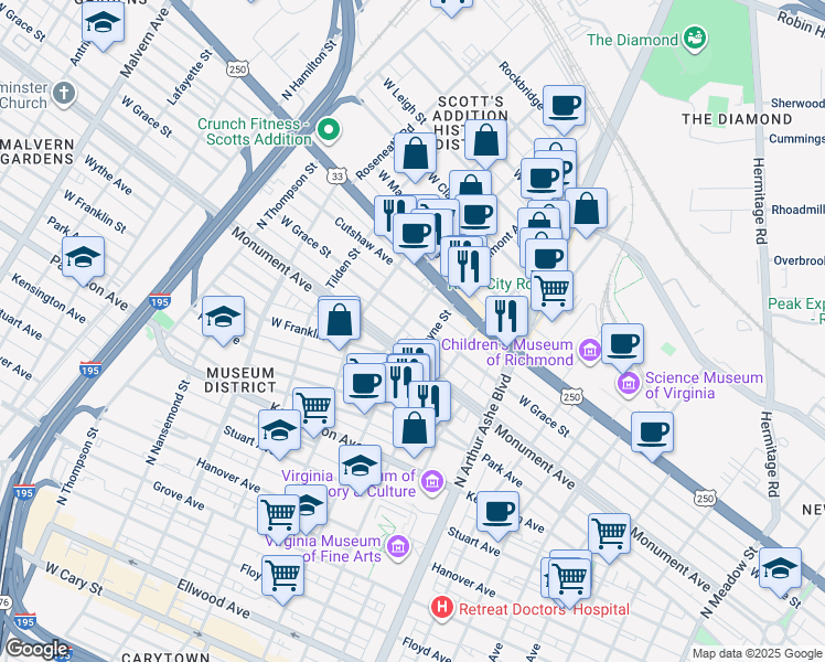 map of restaurants, bars, coffee shops, grocery stores, and more near 29 Wayne Street in Richmond