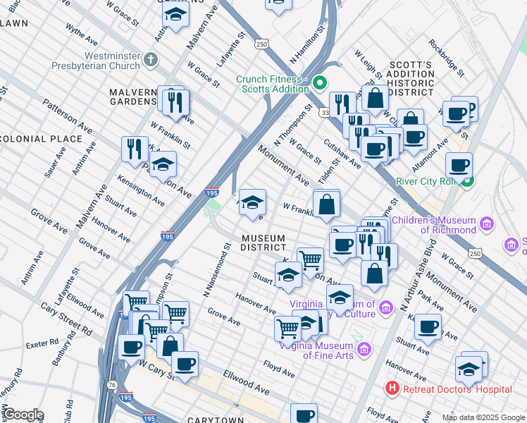 map of restaurants, bars, coffee shops, grocery stores, and more near 3404 Park Avenue in Richmond