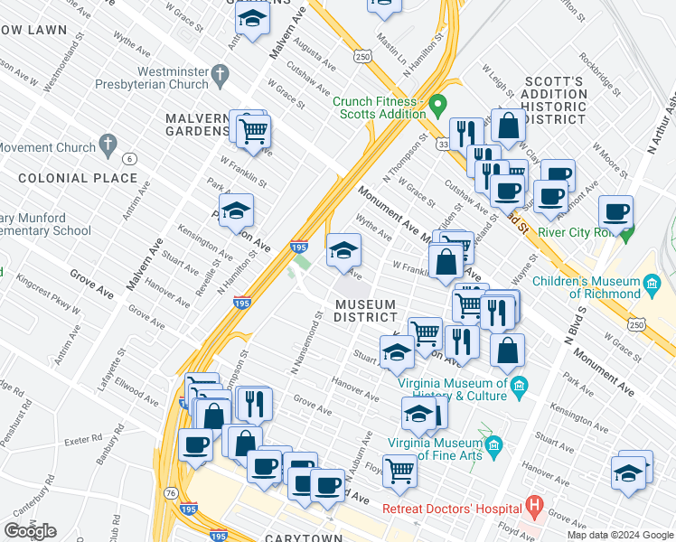 map of restaurants, bars, coffee shops, grocery stores, and more near 606 North Nansemond Street in Richmond
