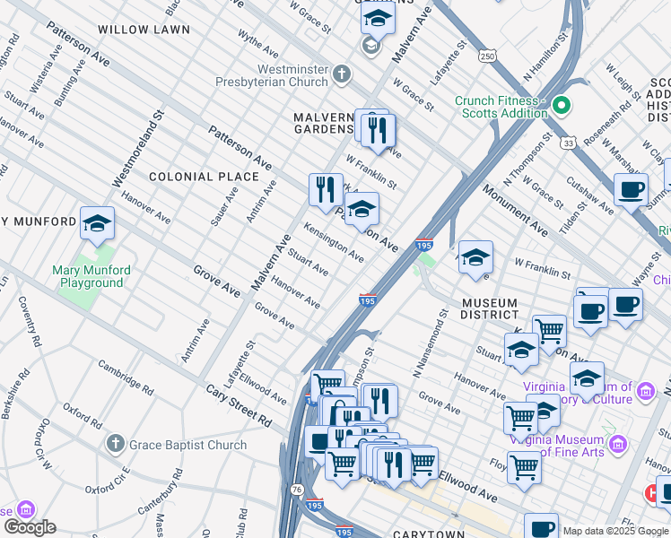 map of restaurants, bars, coffee shops, grocery stores, and more near 3902 Stuart Avenue in Richmond